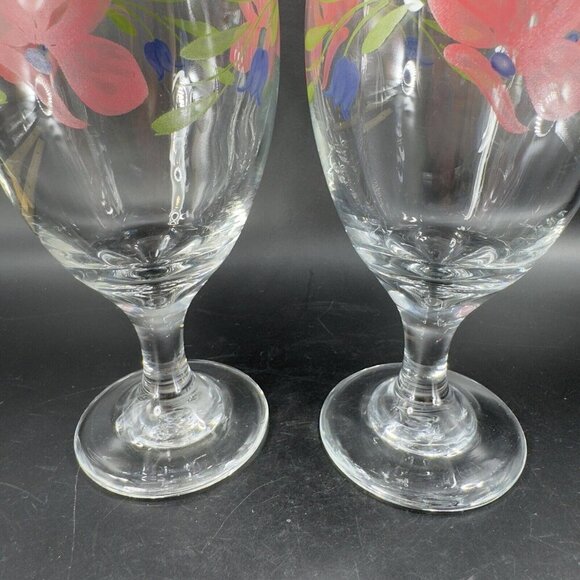 Libbey Barware Glasses Pink Flowers Water Goblet Drinking Glasses Set 2 VTG - Picture 9 of 14